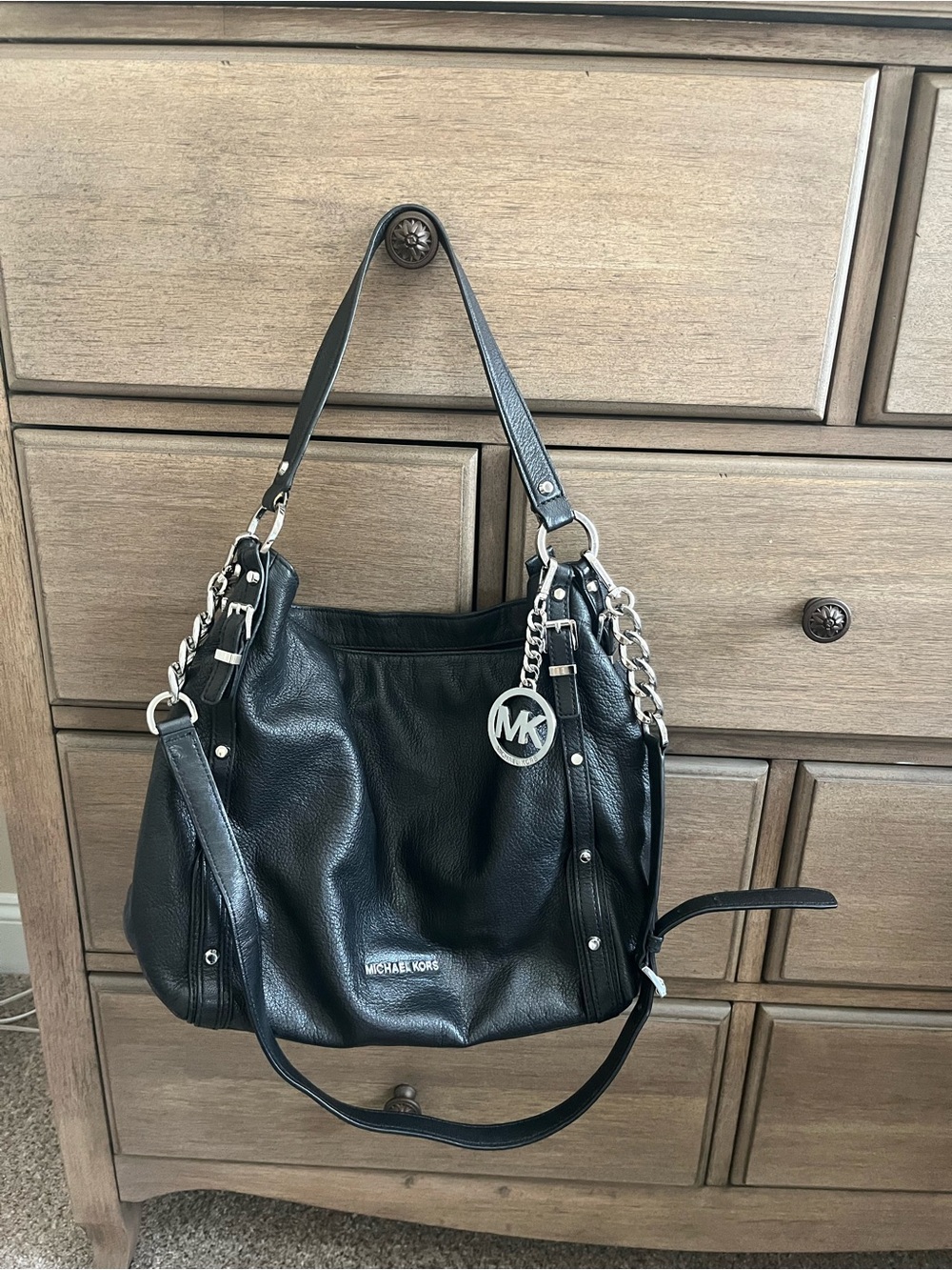 Michael Kors Black Pebbled Leather Chain-Accent Shoulder Bag